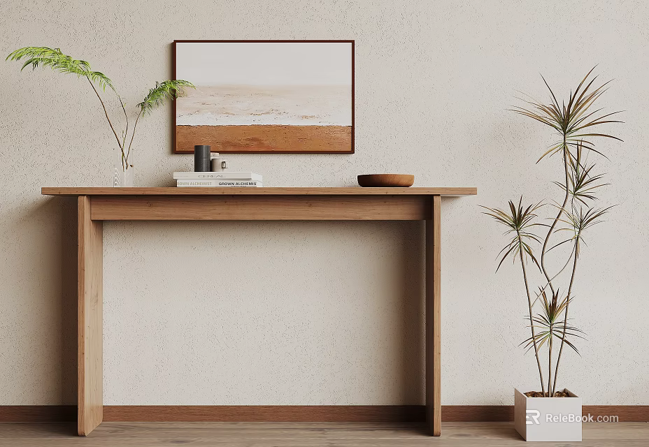 Wooden Console Table with Artwork Books Bowl and Plants on Light Colored Wall 3d model 