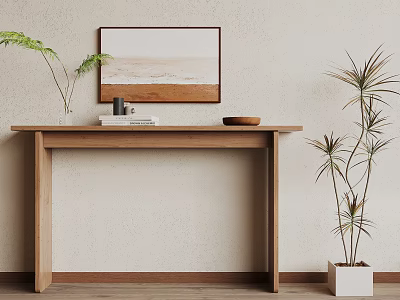 Wooden Console Table with Artwork Books Bowl and Plants on Light Colored Wall 3d model