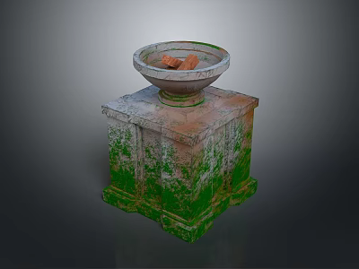 Ancient Stone Pedestal With Bowl Covered In Green Moss Decorative Element 3d model