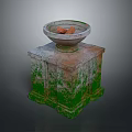 Ancient Stone Pedestal With Bowl Covered In Green Moss Decorative Element