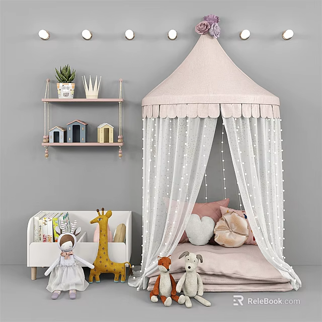 Kids Desk With Pink Canopy Tent Stuffed Toys Shelf And String Lights In Children's Room 3d model 