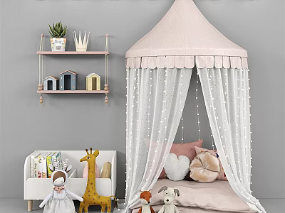 Kids Desk With Pink Canopy Tent Stuffed Toys Shelf And String Lights In Children's Room 3d model