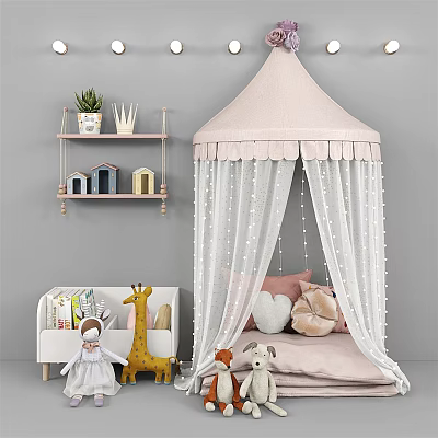 Kids Desk With Pink Canopy Tent Stuffed Toys Shelf And String Lights In Children's Room 3d model