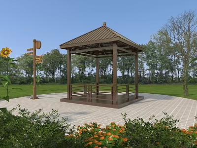 Outdoor Gazebo With Wooden Roof Signpost Sunflowers And Green Plants In Park 3d model