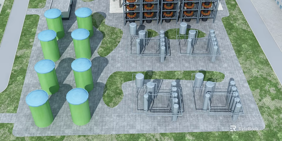Public Utility Infrastructure With Green Cylindrical Tanks Gray Metal Pipes Grass Lawns And Paved Ground 3d model 