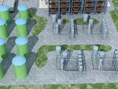 Public Utility Infrastructure With Green Cylindrical Tanks Gray Metal Pipes Grass Lawns And Paved Ground 3d model