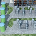 Public Utility Infrastructure With Green Cylindrical Tanks Gray Metal Pipes Grass Lawns And Paved Ground