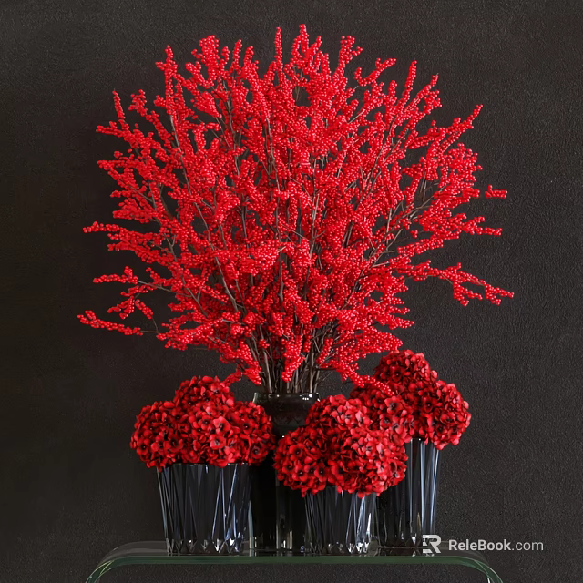 Red Berry Branches and Pom Pom Flowers in Black Vase for Home Decor 3d model 