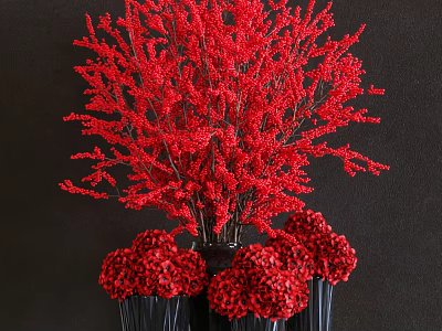 Red Berry Branches and Pom Pom Flowers in Black Vase for Home Decor 3d model