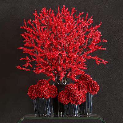 Red Berry Branches and Pom Pom Flowers in Black Vase for Home Decor 3d model