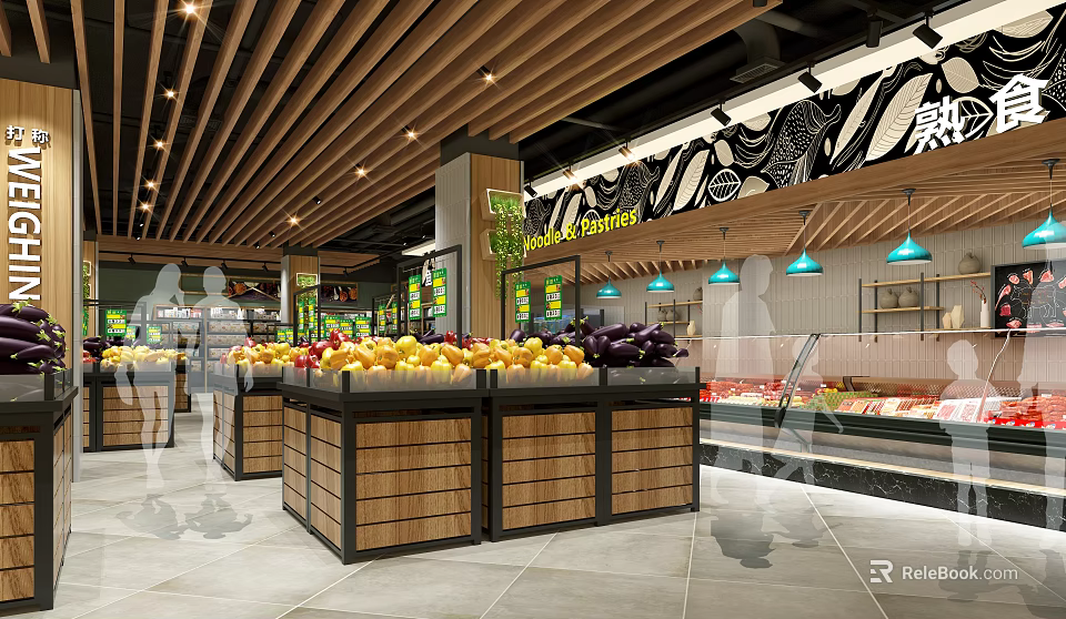 Grocery Supermarket Interior With Fresh Fruit Display Wooden Shelves And Pendant Lights 3d model 