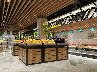 Grocery Supermarket Interior With Fresh Fruit Display Wooden Shelves And Pendant Lights 3d model