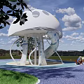 Children's Play Area Featuring Jellyfish Shaped White Structure with Trees Blue Flooring and Grass
