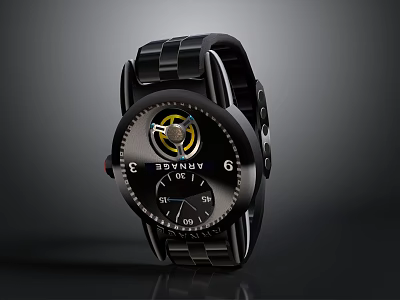 Stylish Bering Black Watch With Yellow Gear Design Numeric Dial And Metal Link Strap 3d model