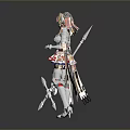 Game and Movie Character White Outfit with Red Accents Twin Ponytails Holding Double Bladed Weapon