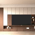 Modern Minimalist TV Background Wall With Wooden Cabinetry And Decorative Items