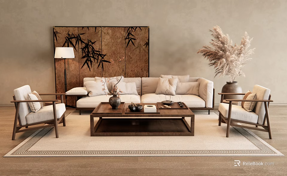 Sofa And Coffee Table Set With Bamboo Decorative Panel Floor Lamp Accent Chairs And Pampas Grass 3d model 