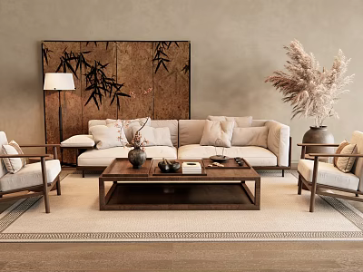 Sofa And Coffee Table Set With Bamboo Decorative Panel Floor Lamp Accent Chairs And Pampas Grass 3d model