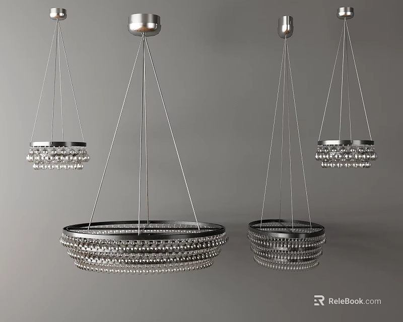 Modern Crystal Chandeliers With Circular Metal Frames Hanging In Gray Space 3d model 