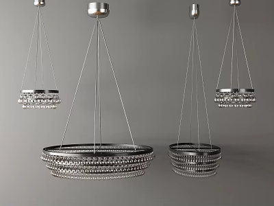 Modern Crystal Chandeliers With Circular Metal Frames Hanging In Gray Space 3d model