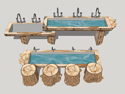 Wooden Sink With Multiple Faucets And Log Stools For Natural Outdoor Setting 3d model