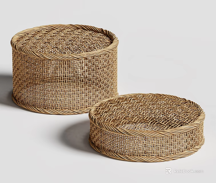 Two Handwoven Rattan Round Stools Natural Woven Texture Home Decor Pieces 3d model 