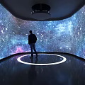 Modern Corridor With Two People White Curved Walls Lighting Circular Windows And Starry Sky