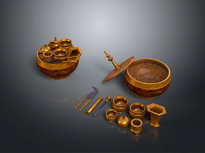 Golden Traditional Household Items Including Lidded Container Small Bowls Tools and Various Shapes 3d model