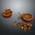 Golden Traditional Household Items Including Lidded Container Small Bowls Tools and Various Shapes