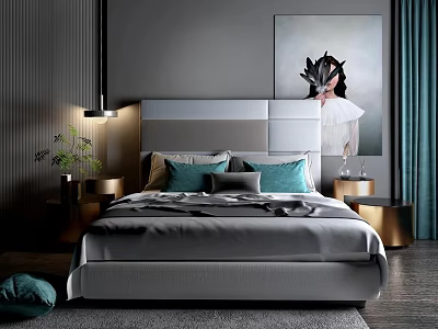 Modern Double Bed With Gray Headboard Green Pillows Nightstands Table Lamp And Wall Art 3d model