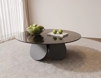 Round Glass Top Coffee Table With Black Base And Fruits In Living Room 3d model