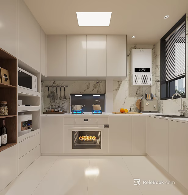 Bright Cream Modern Kitchen With Complete Built In Appliances And Large Capacity Storage Cabinets 3d model 