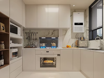 Bright Cream Modern Kitchen With Complete Built In Appliances And Large Capacity Storage Cabinets 3d model