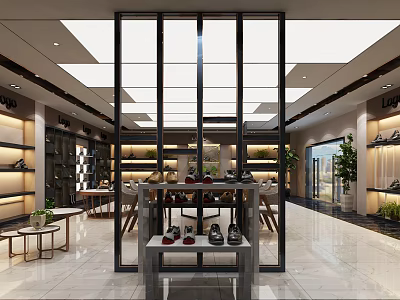 Modern Shoe Store Open Design With Glass Doors Display Shelves Green Plants And Marble Floor 3d model