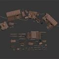 Dilapidated Wooden Houses with Various Structures and Scattered Wooden Components in Ruined Architectural Setup 3d model