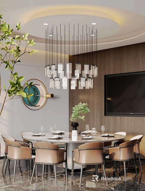 Modern Dining Living Room Interior With Round Table Wooden Wall Chandelier Green Plants And TV 3d model 