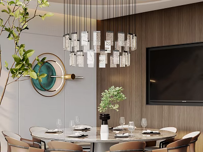 Modern Dining Living Room Interior With Round Table Wooden Wall Chandelier Green Plants And TV 3d model