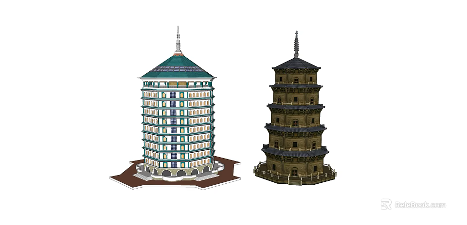 Modern and Traditional Towers Featuring Green Roof and Ancient Multi Story Structure 3d model 