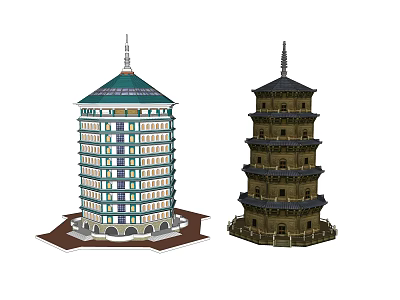 Modern and Traditional Towers Featuring Green Roof and Ancient Multi Story Structure 3d model