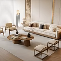Modern Beige Sofa And Wooden Coffee Table Set With Pillows Accent Chairs And Floor Lamp