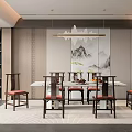 Chinese Restaurant Interior With Mountain Landscape Art And Traditional Wooden Dining Chairs