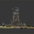 Ornate European Architecture Fountain with Sculptures Steps and Green Water Pool