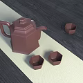 Brown Hexagonal Tea Set With Teapot And Teacups On Wooden Table Mat 3d model