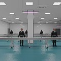 Industrial Food Processing Facility Interior With Stainless Steel Equipment Blue Floor And Worker