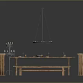 Wooden Dining Table Set with Chairs Bench Hanging Lamp Candle Holder and Tableware