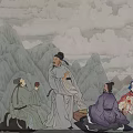 Traditional Chinese Figure Painting Depicting Ancient Costumed Characters Interacting in Mountain Landscape with Clouds