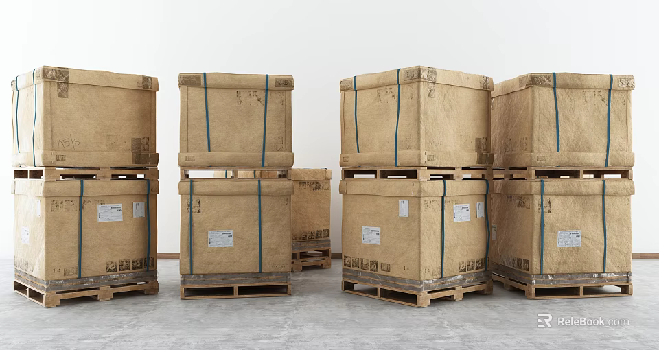 Multiple Brown Cartons Stacked On Wooden Pallets Secured With Green Straps 3d model 