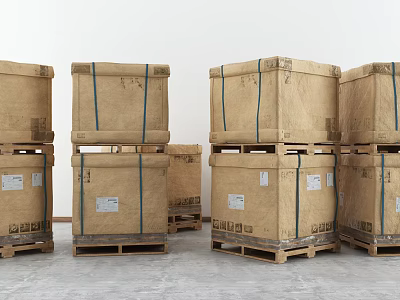 Multiple Brown Cartons Stacked On Wooden Pallets Secured With Green Straps 3d model