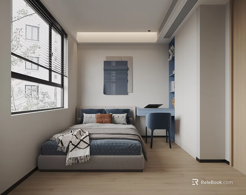 Modern Kids Room Interior With Bed Desk Blue Chair Window Wall Painting And Bookshelf 3d model 