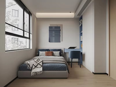 Modern Kids Room Interior With Bed Desk Blue Chair Window Wall Painting And Bookshelf 3d model